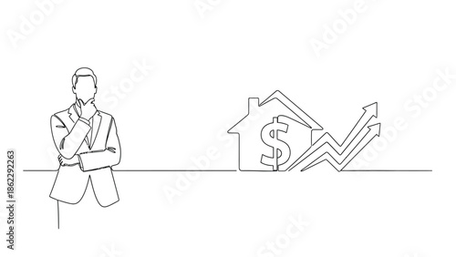 A continuous line drawing depicts a businessman pondering over real estate investment growth and financial success opportunities