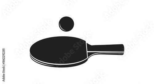 A simple black and white icon depicting a table tennis paddle and ball in motion