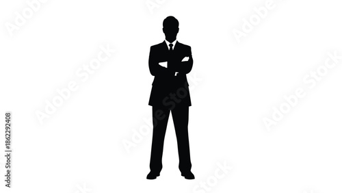 A stark silhouette of a man in a formal suit standing confidently with arms crossed against a plain white backdrop