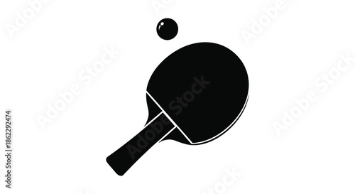 A simple black and white illustration depicting a table tennis paddle and ball in motion