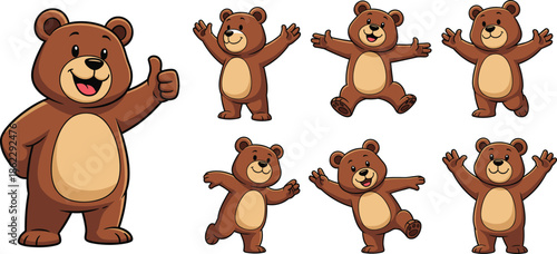 Cheerful teddy bear mascot character vector set with thumbs up waving jumping and various happy poses