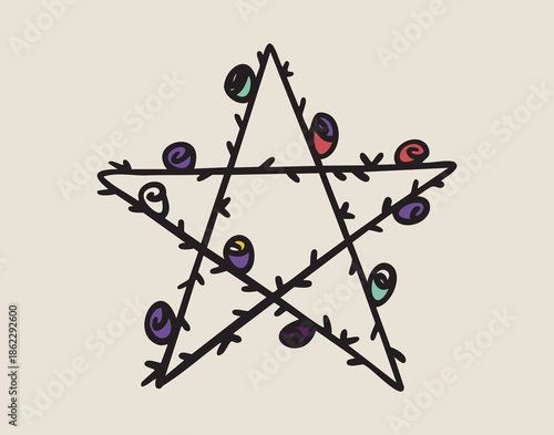 Mystical star with roses and thorns, boho mystical witchy hand drawn style