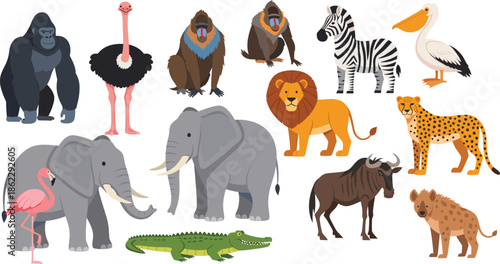 Wild African safari animal vector collection with elephant lion zebra gorilla giraffe crocodile and flamingo characters