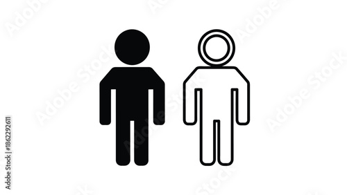 A simple black and white pictogram depicts two human figures one solid and one outlined symbolizing people or individuals