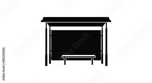 A minimalist black and white illustration depicts an empty bus stop shelter with a bench
