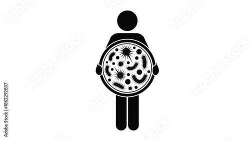A simple black and white illustration depicting a person holding a circular graphic filled with various microbial shapes and forms