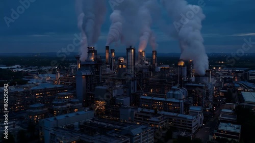 Wallpaper Mural Aerial view of chemical factory at dusk with smoke plumes rising from chimneys, industrial complex lighting up at night Torontodigital.ca