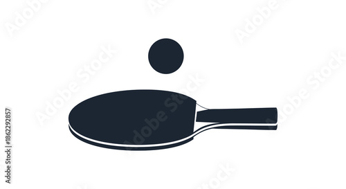 A simple black and white graphic depiction of a table tennis paddle hitting a ball