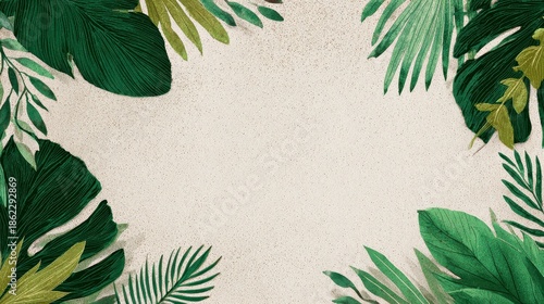 A vibrant, botanical illustration of tropical foliage framing a textured, off-white background. Lush, dark green leaves add a natural, elegant border