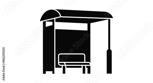 A simple black and white illustration depicts a bus stop shelter with a bench inside