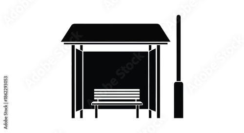 A simple black and white illustration depicts a bus stop with a bench and shelter