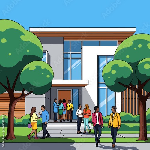 Vibrant community gathering at a stylish modern home, showcasing diverse individuals enjoying an outdoor social event on a sunny day