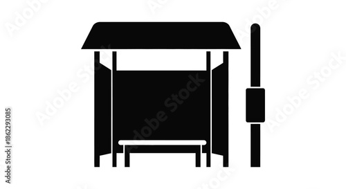 A simple black and white graphic illustration of a bus stop shelter and pole design