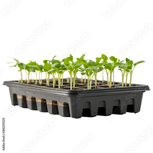 Seedlings Grow in a Black Tray Under Bright Light in a Garden Nursery During ...
