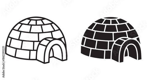 Two igloos, one outlined and one filled, representing winter shelters, isolated on transparent background