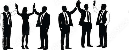 Business professionals silhouette set celebrating teamwork success with high five gestures leadership collaboration isolated black vector illustration corporate office concept