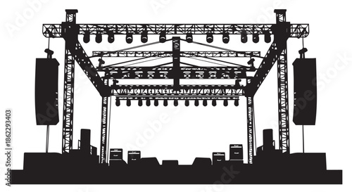 A silhouette of a large outdoor concert stage setup with lights and speakers isolated on transparent background