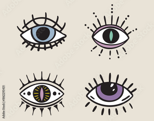 Esoteric all seeing eyes set, mystical patterned eyes, boho mystical witchy hand drawn style