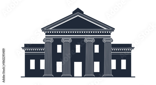 A striking graphic illustration of a neoclassical building facade with columns and a triangular pediment