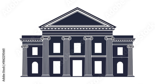 A striking graphic illustration of a neoclassical building facade with prominent columns and a pediment