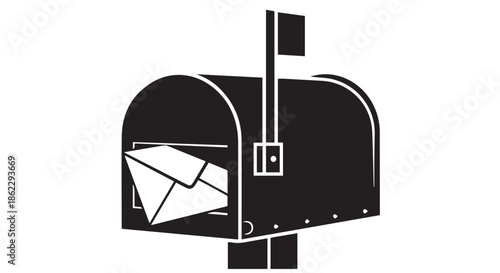 Black and white mailbox with envelopes, isolated on transparent background