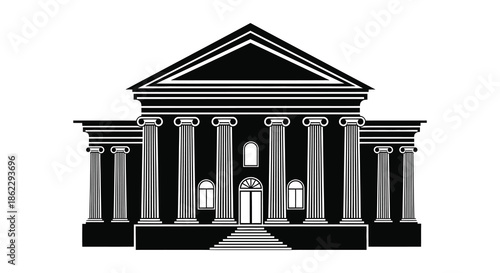 A striking black and white illustration depicting a classical building with prominent columns and a pediment