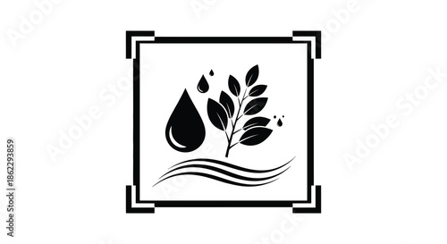 A simple black and white illustration featuring a water droplet plant and wave design within a frame