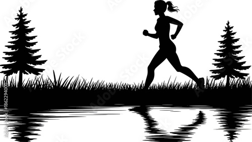 Silhouette of a woman jogging near a lake with trees and grass, black and white landscape scene, editable EPS vector illustration for fitness, nature, and outdoor lifestyle designs.