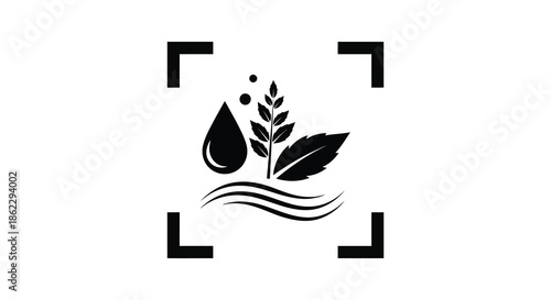 A simple black and white graphic depicts plant life water droplets and a focus frame