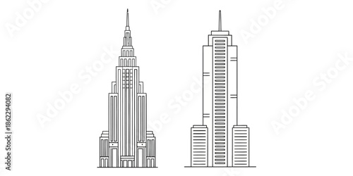skyscraper line icon set featuring tall modern office towers, minimal black outline high-rise building illustrations for business, corporate architecture and urban skyline concepts