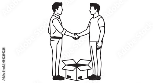 Two men shaking hands over an open box, isolated on transparent background