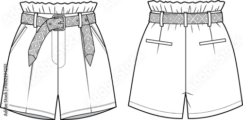 cad drawing flat vector illustration, paper bag waist shorts fashion design, belted women’s summer casual bottomwear technical sketch