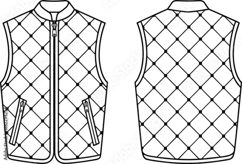 CAD drawing flat vector illustration, quilted sleeveless vest fashion technical sketch front and back view for apparel design template.
