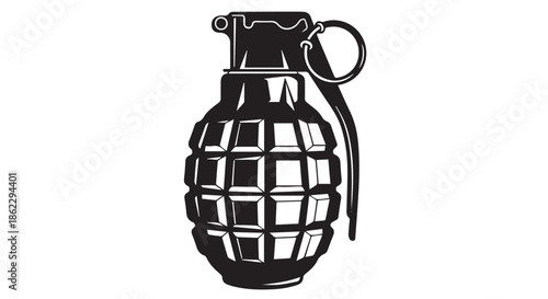 Black and white illustration of a hand grenade isolated on transparent background