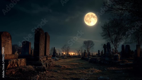 A cemetery with a full moon illuminating the gravestones and surroundings A moonlit graveyard with leaning tombstones