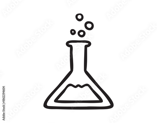Chemistry flask with bubbles, line art school doodle, outline contour, monochrome, hand drawn