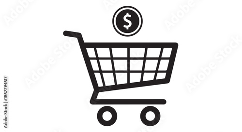 Shopping cart icon with a dollar coin above it, isolated on transparent background