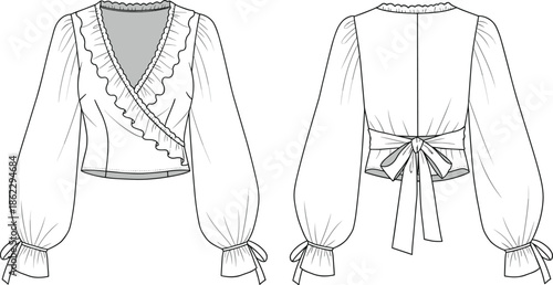 cad drawing flat vector illustration, ruffle wrap blouse front back view, fashion design technical sketch with bow tie sleeve