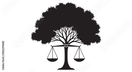 Silhouette of a tree with scales of justice hanging from its branches, isolated on transparent background