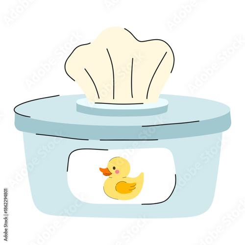 Baby wet wipes plastic container. Infant hygiene wipes box with cute yellow duckling label. Minimalist nursery element for baby care, cleaning routine and newborn hygiene.
