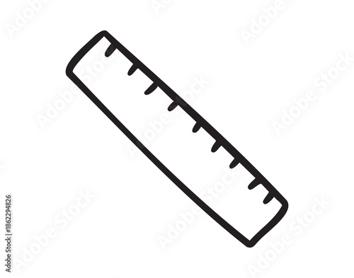 Straight ruler, measurement tool, line art school doodle, outline contour, monochrome, hand drawn
