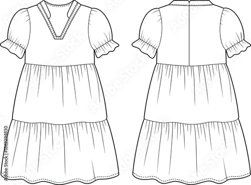 cad drawing flat vector illustration, short sleeve baby doll dress with gathered skirt, ruffle sleeve, V neckline and back zip closure design.