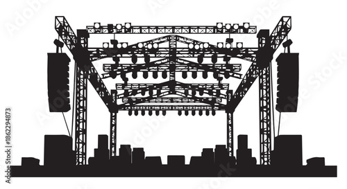 Concert stage setup with lighting rig and speakers, silhouette on transparent background