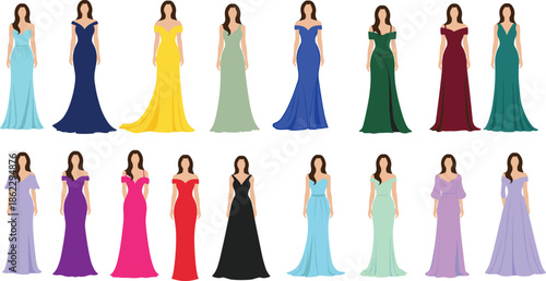 Elegant evening gown collection featuring diverse colors, formal silhouettes and stylish dress designs for women, perfect for fashion inspiration, weddings, prom, and special events.