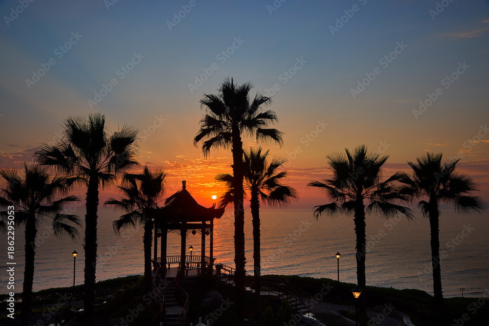 Obraz premium serene sunset at the Parque Chino (Chinese Park) in Miraflores, Lima. The park, inaugurated in 2022 to celebrate the bicentennial of Peru's independence and the long-standing friendship between Peru a