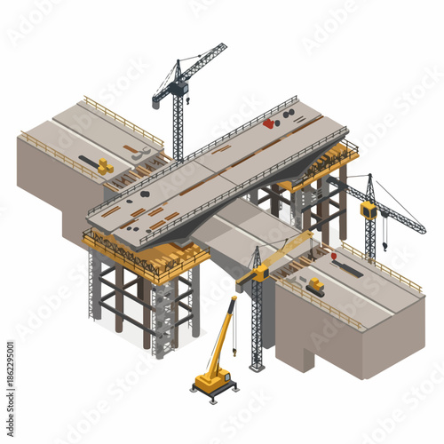 Isometric Detailed Bridge Construction Scene with Crane and Support Structure