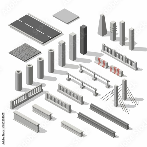 Isometric Detailed Concrete Road Barrier Block Element Construction Set