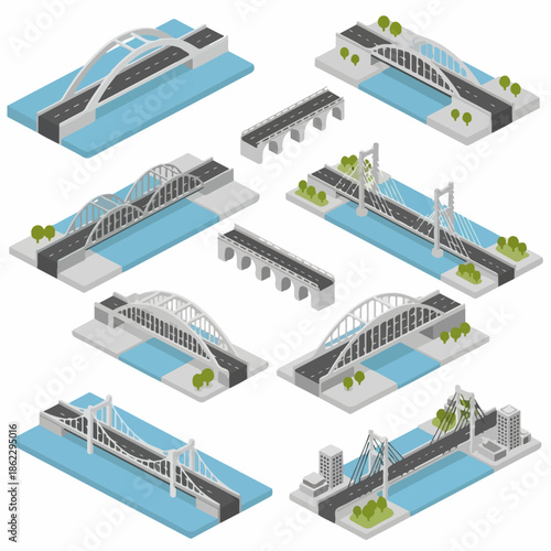Isometric Detailed Bridge Structure Collection of Modern Transportation Landmarks Illustration