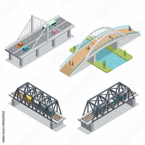 Isometric Detailed Bridge Structure Illustration Construction Design Icon Element