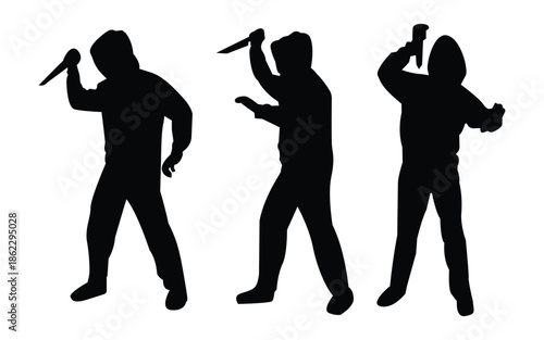 Criminal silhouettes set with men holding weapons in dark hooded hoodies person